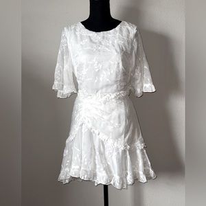 LEONA HALF SLEEVE FRILL TRIM DRESS LEAF EMBROIDERED WHITE